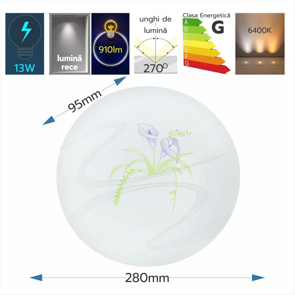 Plafoniera LED Flower 13W=75W, 230x95mm, 6500K, lumina rece