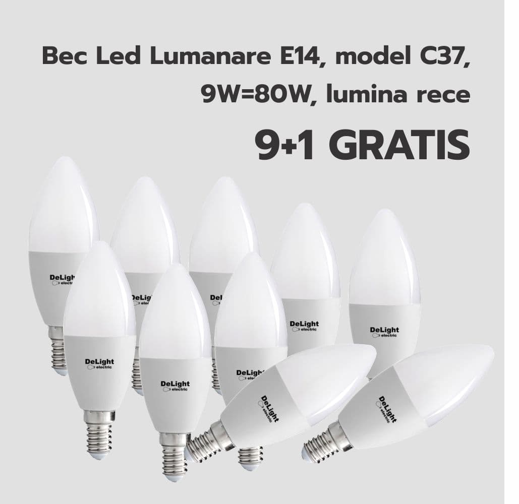 Bec Led Lumanare E14, model C37, 9W=80W, lumina rece 9+1 GRATIS