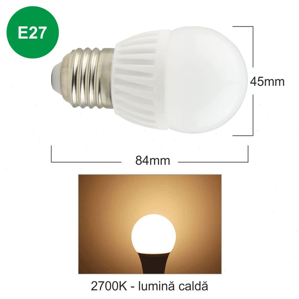Bec LED cu baza din ceramica, model G45, dulie E27, 9W=75W, 2700K, lumina calda