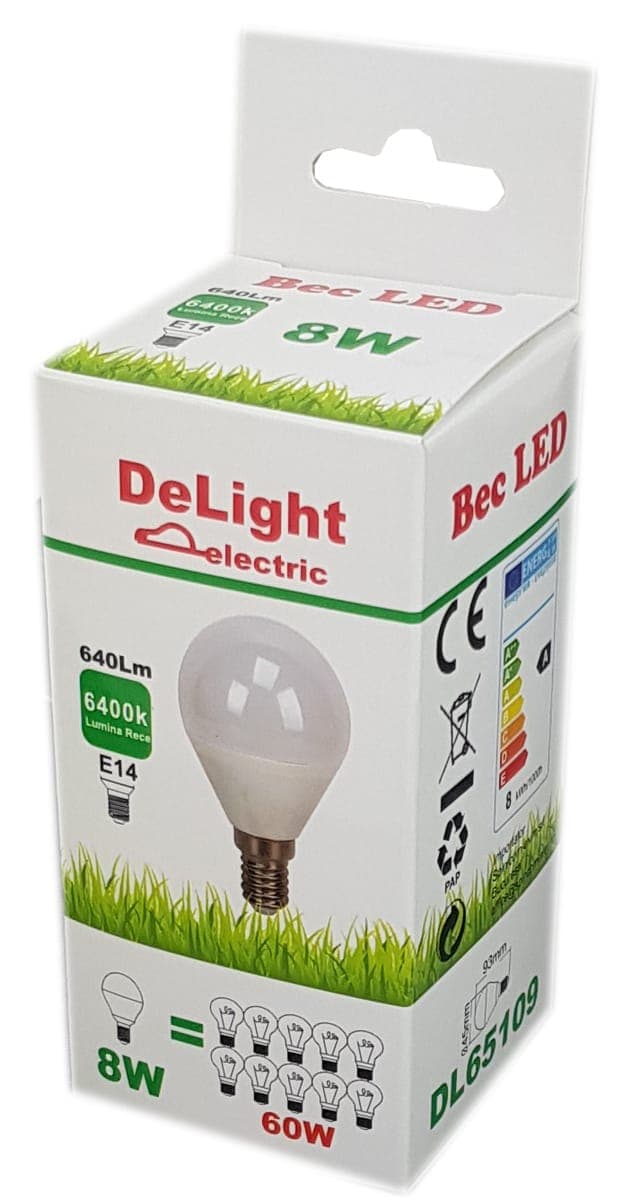 Bec Led Sferic E14, model G45, 8W=60W, lumina rece