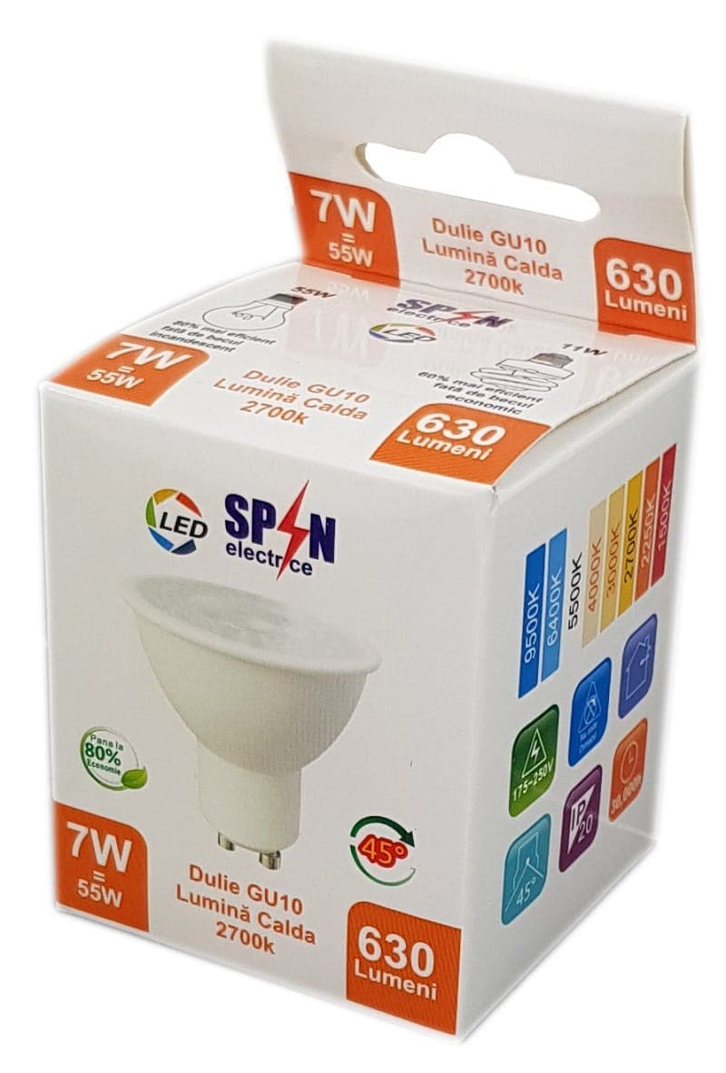 Bec Led Gu10, model R50, 7W=55W, lumina calda