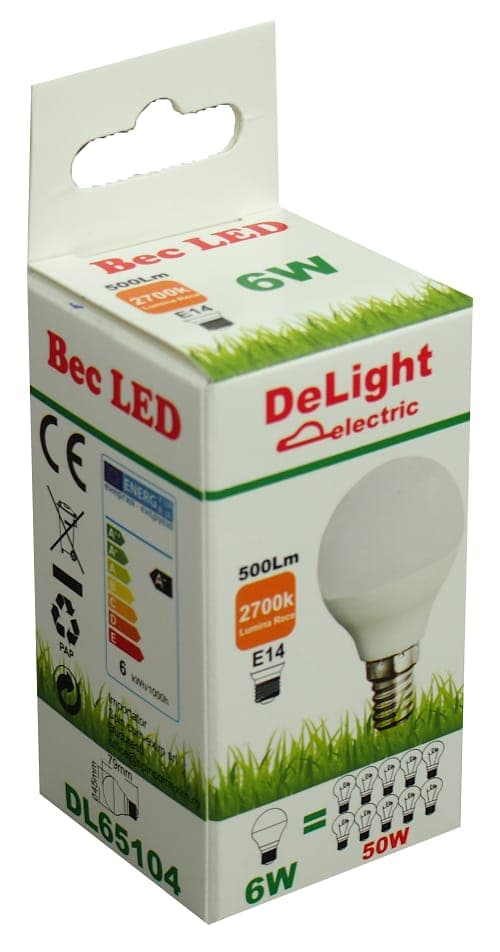 Bec Led Sferic E14, model G45, 6W=50W, lumina calda