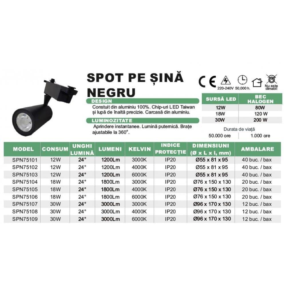 Spot Negru Pe Sina 12W=120W, 4000K, lumina neutra