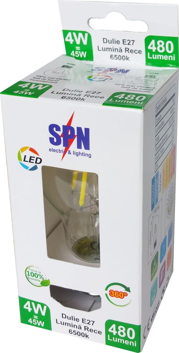 Bec Filament E27, model A55, 4W=45W, 6500K, lumina rece