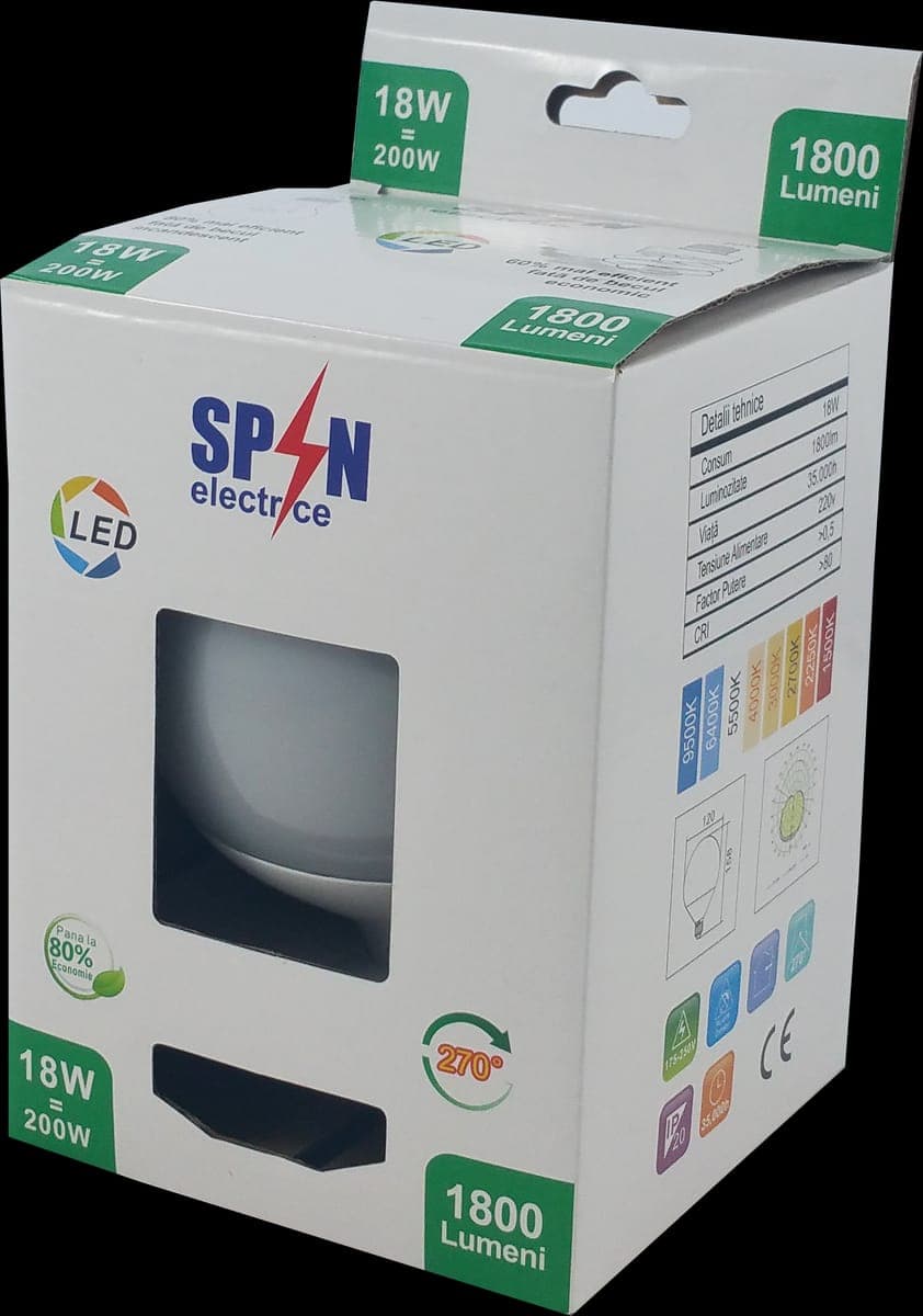 Bec E27, model G120, 18W=200W, lumina calda, 1800Lm