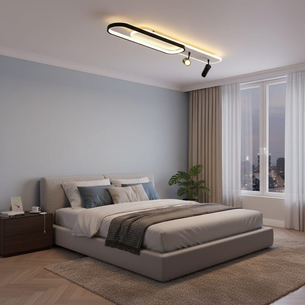Plafoniera led neagra 85W cu spot si telecomanda,trei brate 3000/4000/6500K
