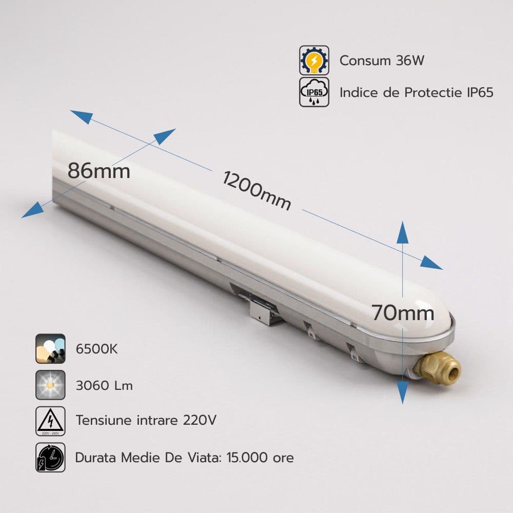 Corp Led IP65 36W=72W, 6500K, lumina rece, cu protectie, 1200Mm
