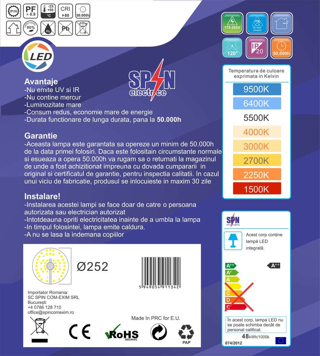 Modul Led pt Aplica Fi252, 48W=450W, 6000K, lumina rece