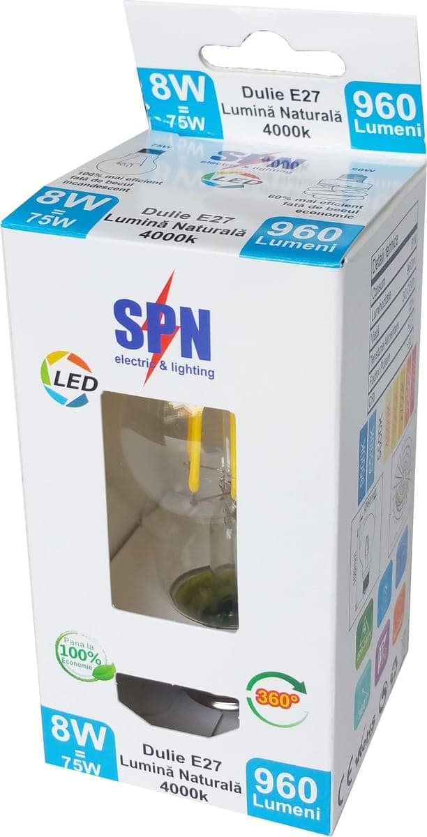 Bec led filament E27, model A55 8W=75W, lumina neutra 4000K