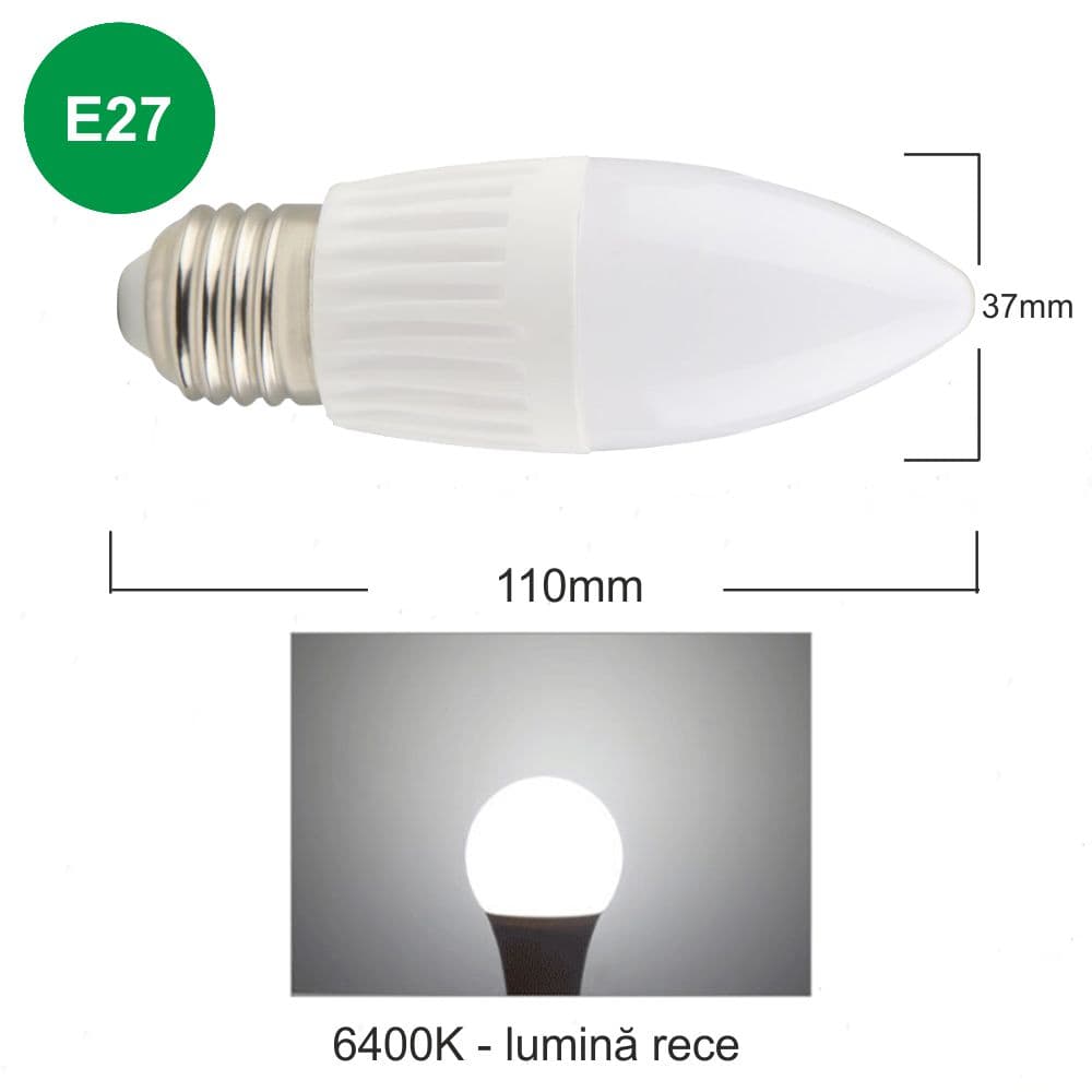 Bec LED lumanare cu baza din ceramica, model C37, dulie E27, 9W=75W, 6400K, lumina rece