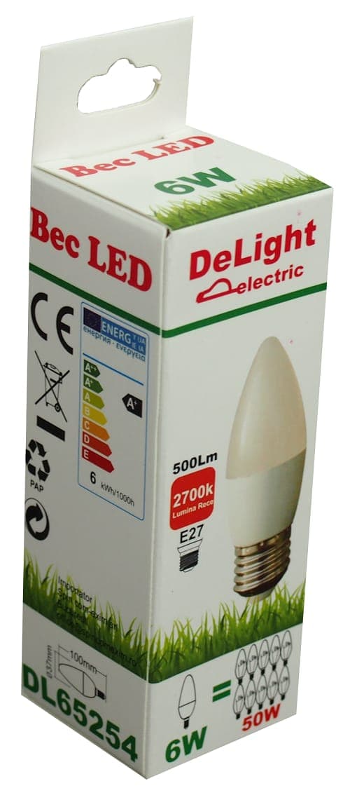 Bec Led Lumanare E27, model C37, 6W=50W, lumina calda