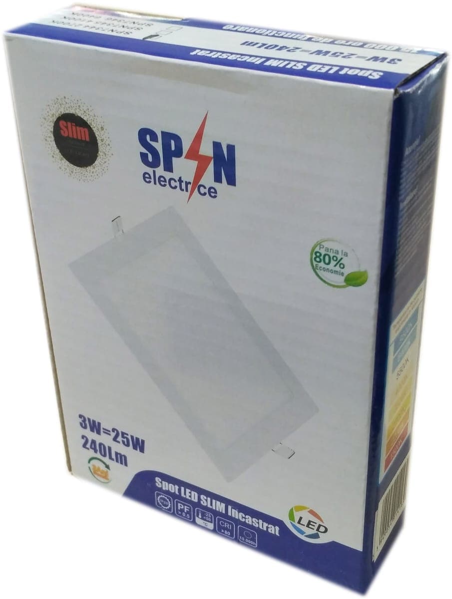 Spot Led Slim incastrat Patrat, 85x85 mm, 3W=25W, 2700K, lumina calda