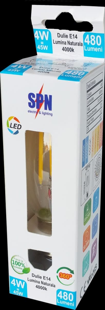 Bec Filament Lumanare E14, 4W=45W, 4000K, lumina neutra, 480Lm