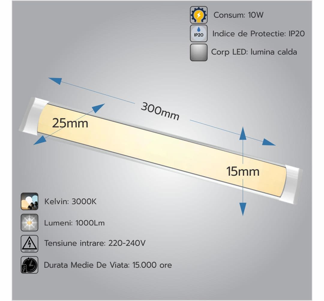 Corp Led Fida aluminiu, 10W=20W, 3000K, lumina calda