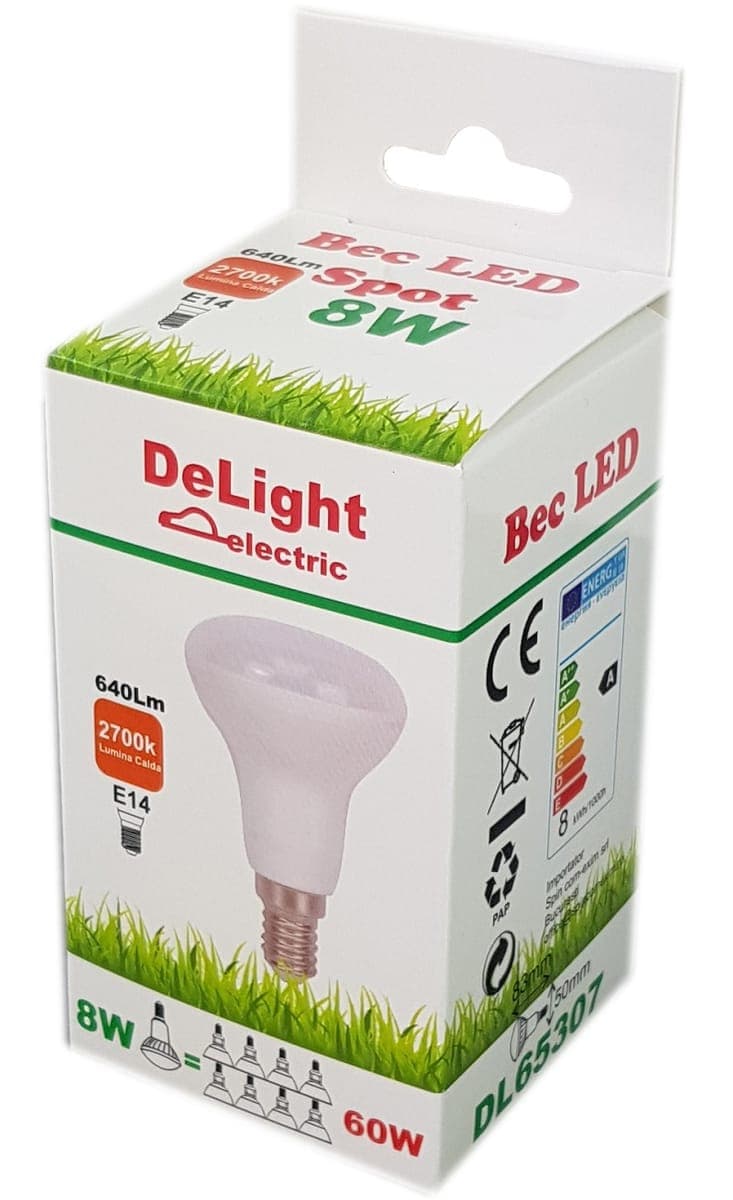 Bec E14, model R50, 8W=60W, lumina rece