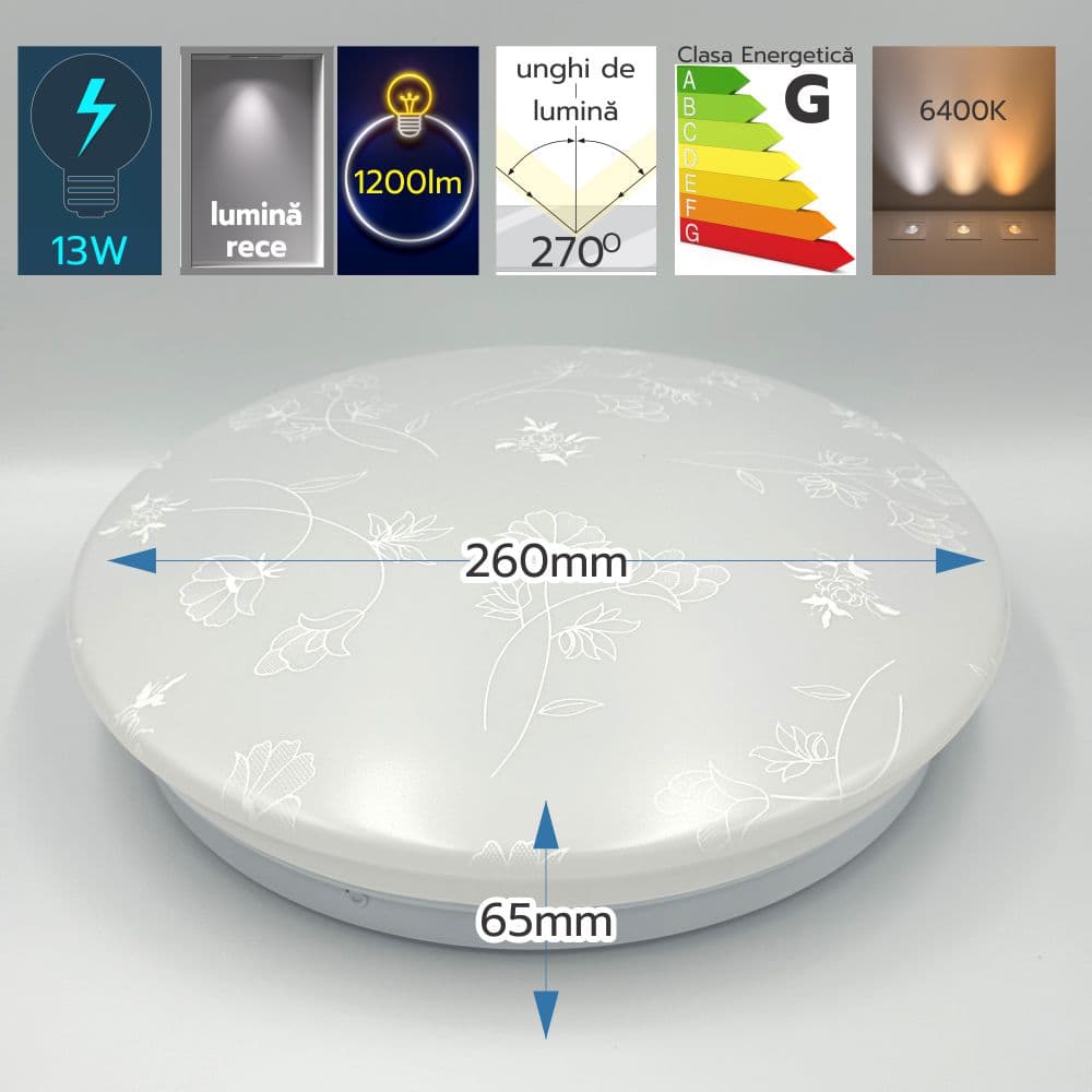 Plafoniera LED Flower, 13W=75W, 260x35mm, 6400K, lumina rece