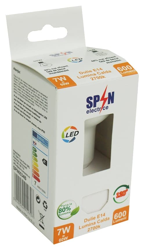 Bec E14, model R50, 7W=60W, lumina calda