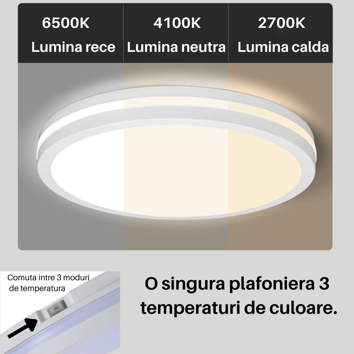 Plafoniera LED IP65 3CCT 3600lm, 300x55mm, Alba
