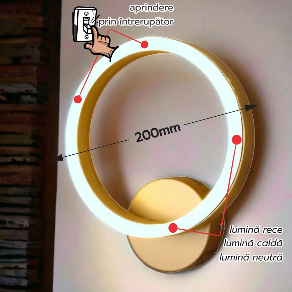 Aplica aurie led perete 18w 200mm 3 culori