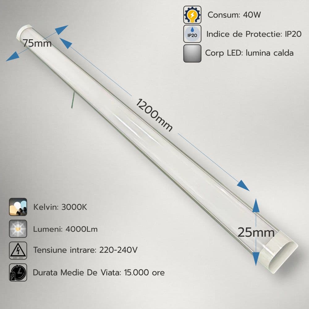 Corp Led Fida aluminiu, 40W=80W, 3000K, lumina calda
