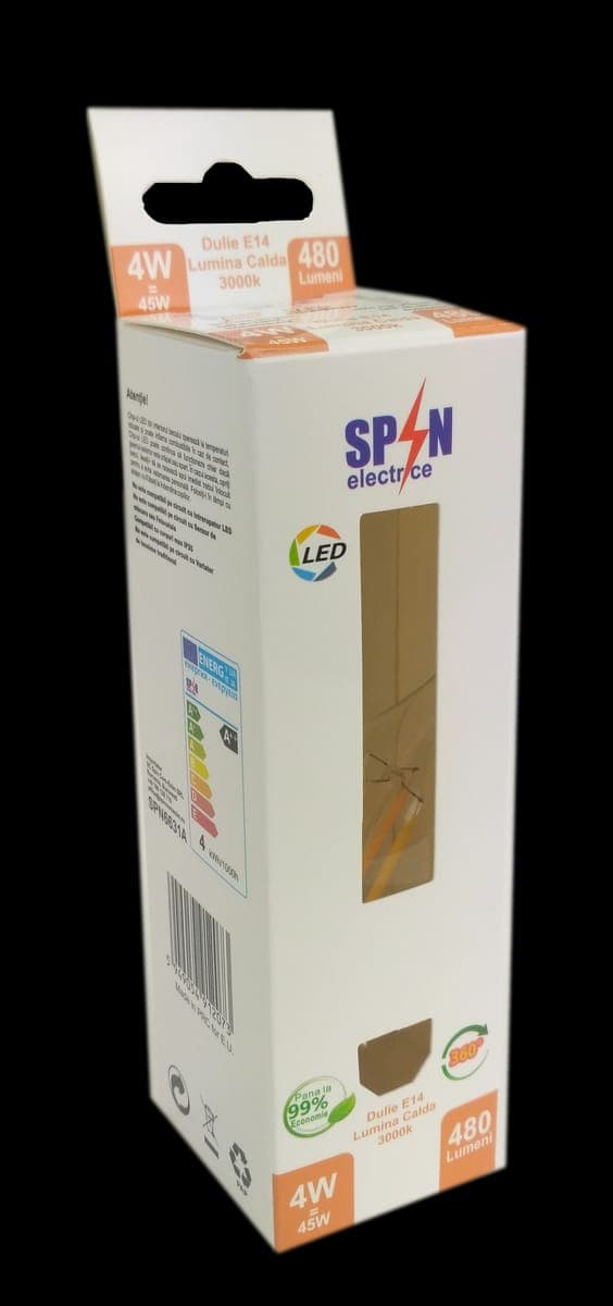 Bec Filament Lumanare E14, 4W=45W, 3000K, lumina calda