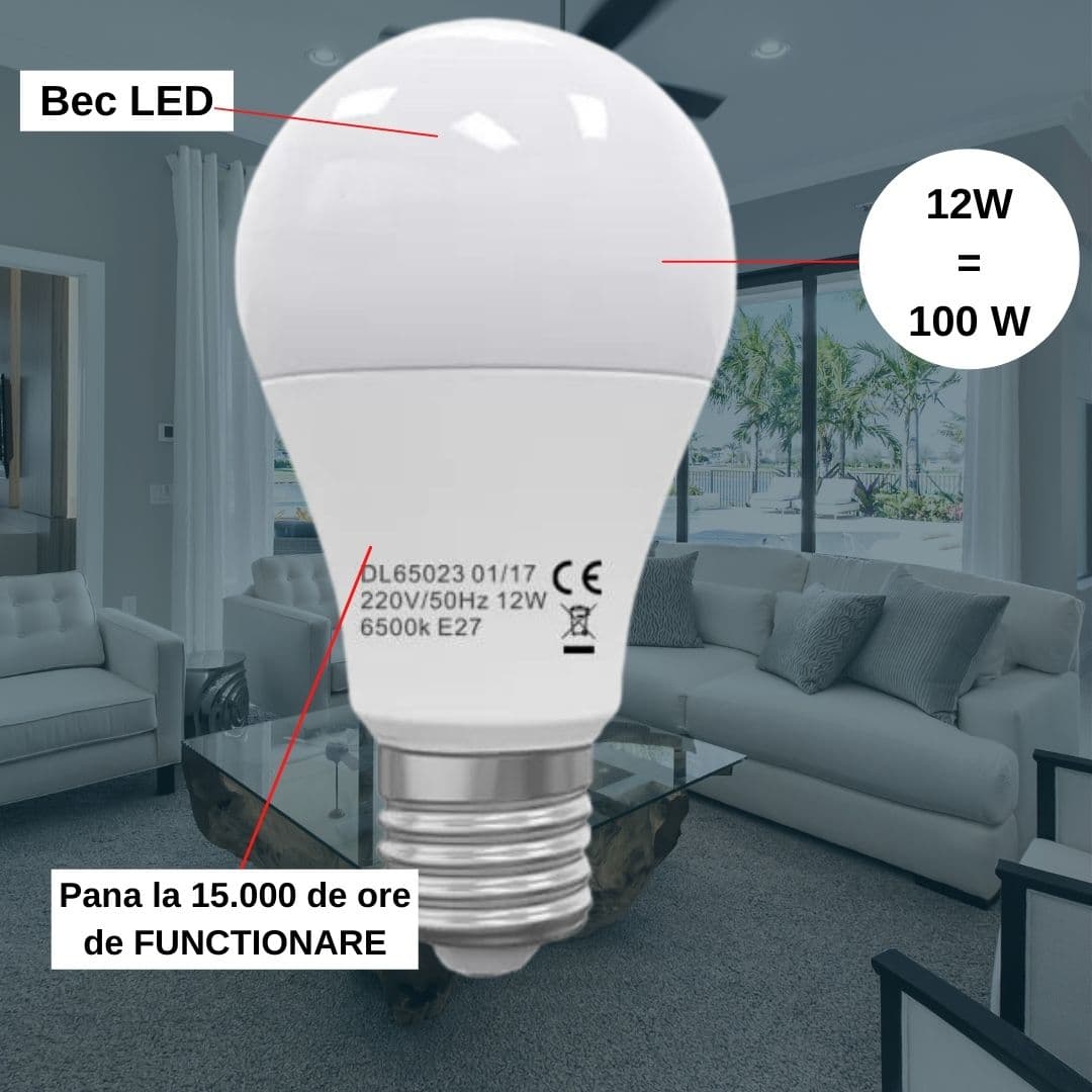 Bec Led E27, model glob A60, 12W=100W, lumina rece, ore functionare 15.000