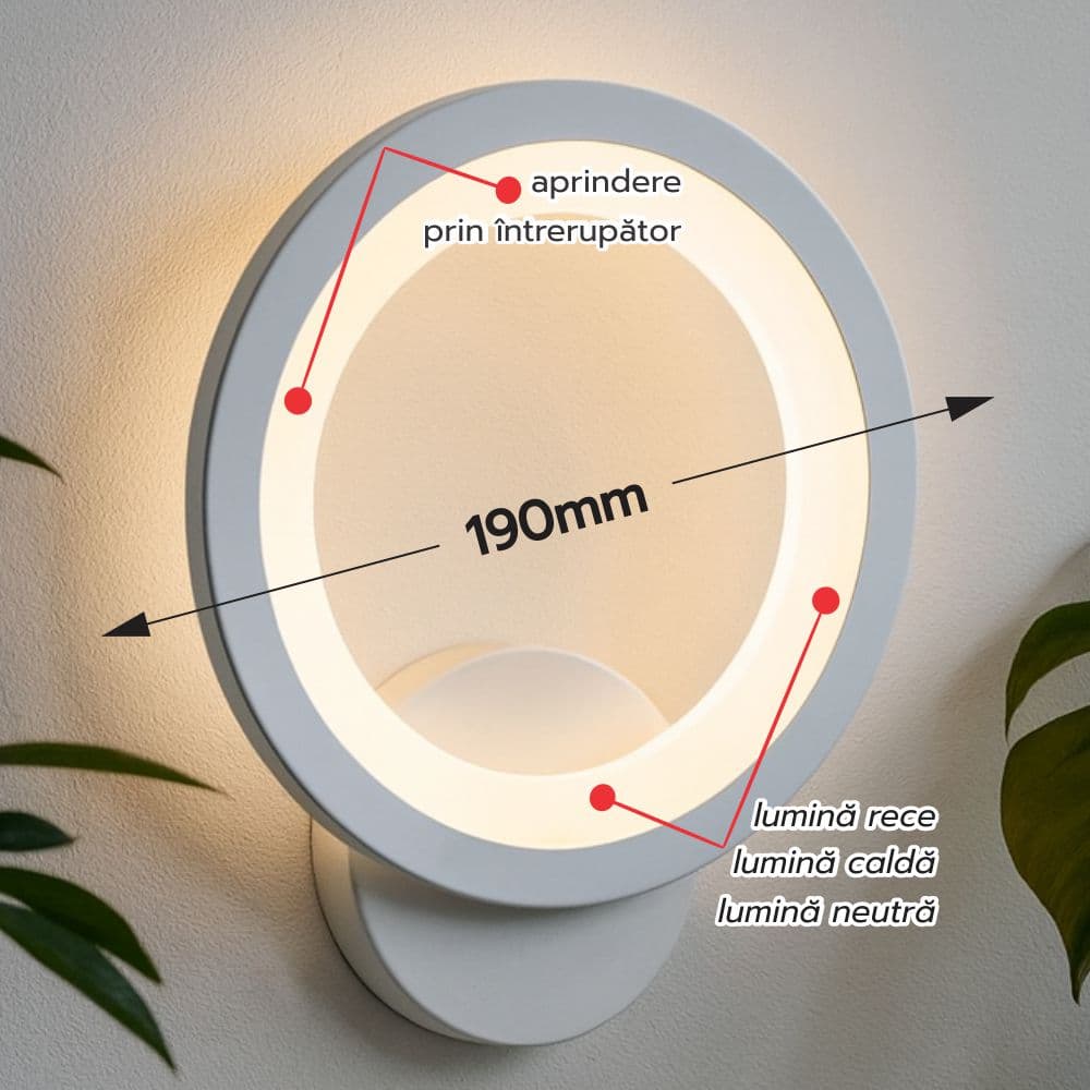 Aplica LED perete rotunda cu lumina ajustabila 18W 1400LM 3000K/4000K/6500K