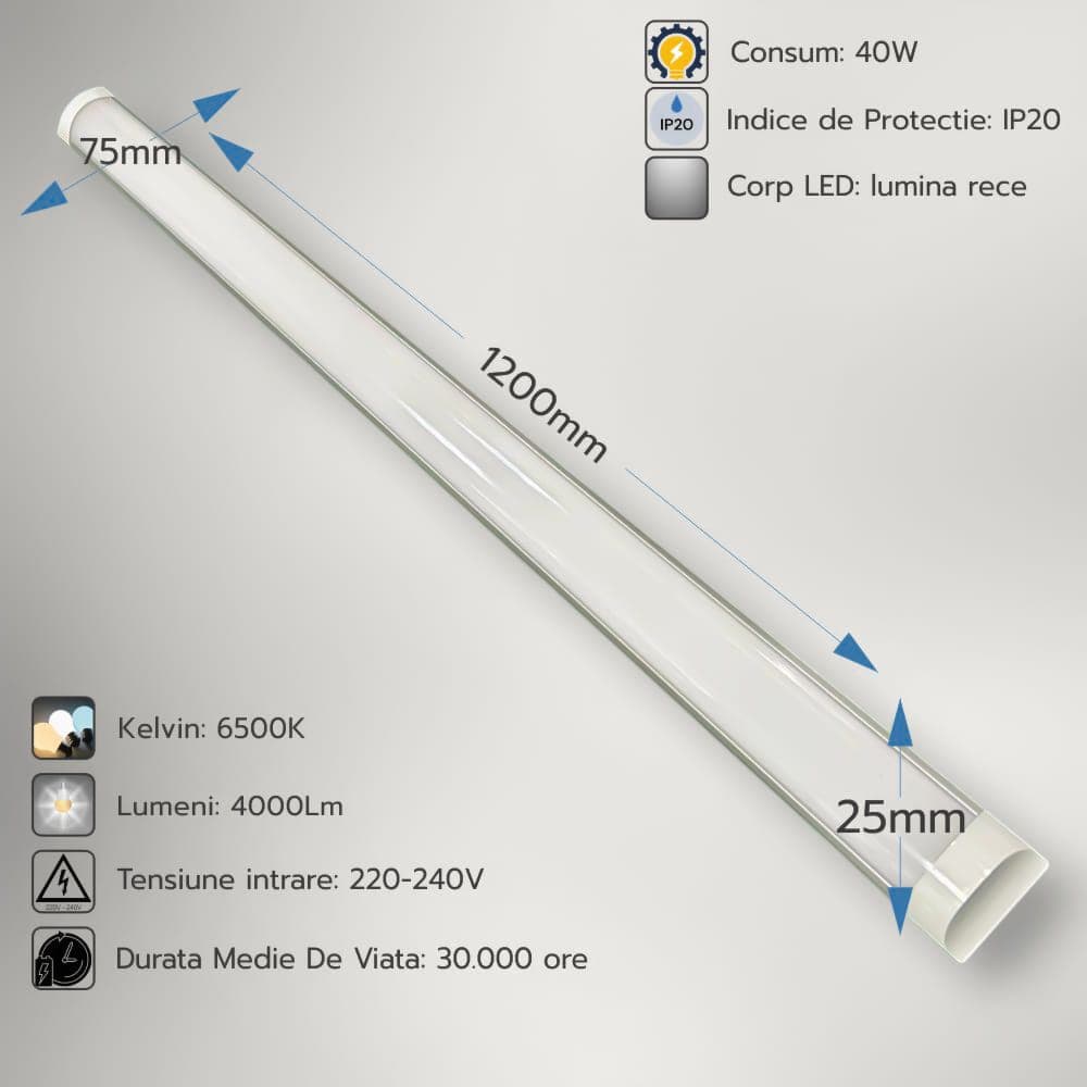 Corp Led Fida aluminiu, 40W=80W, 6400K, lumina rece