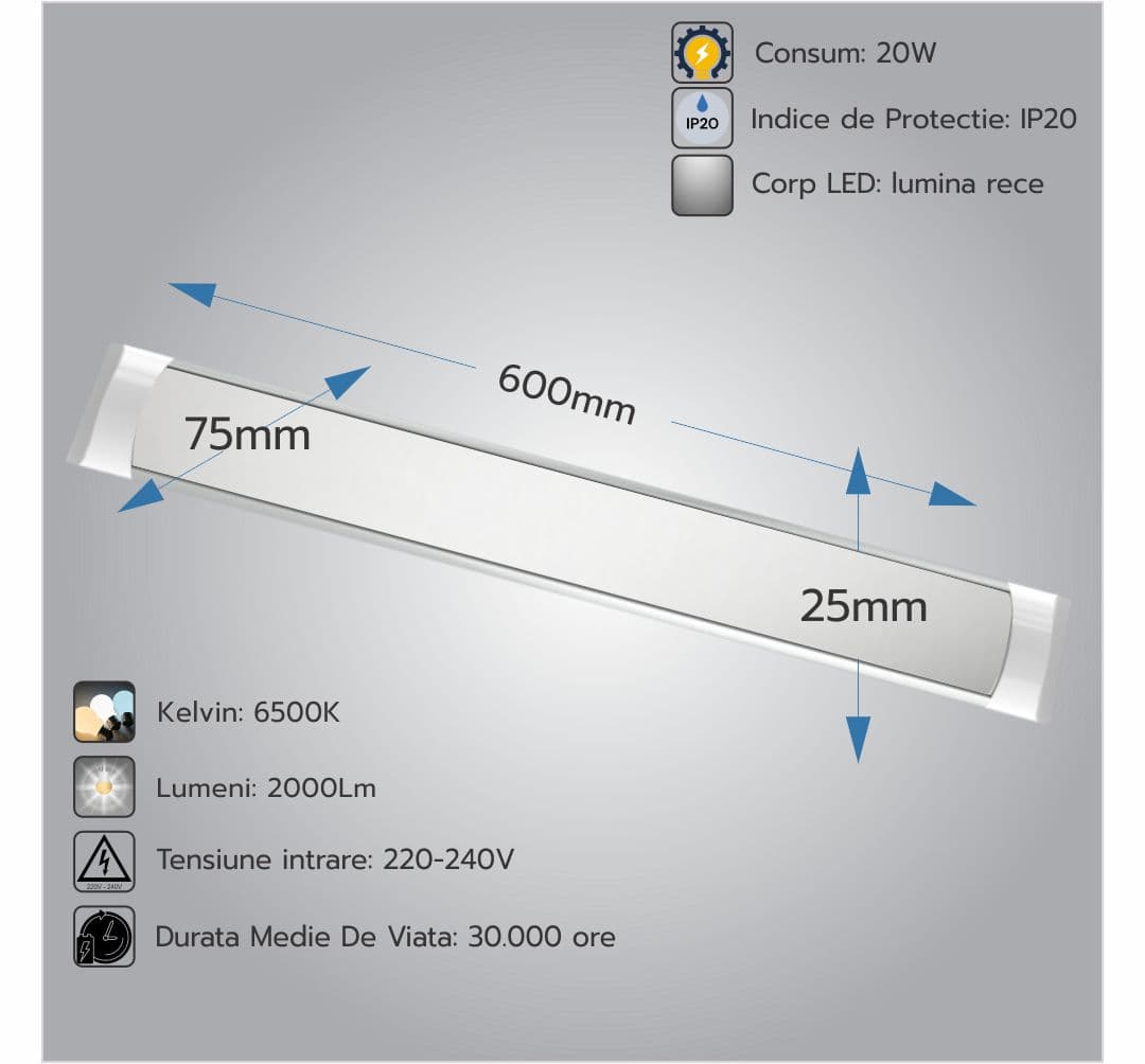 Corp Led Fida aluminiu, 20W=40W, 6400K, lumina rece