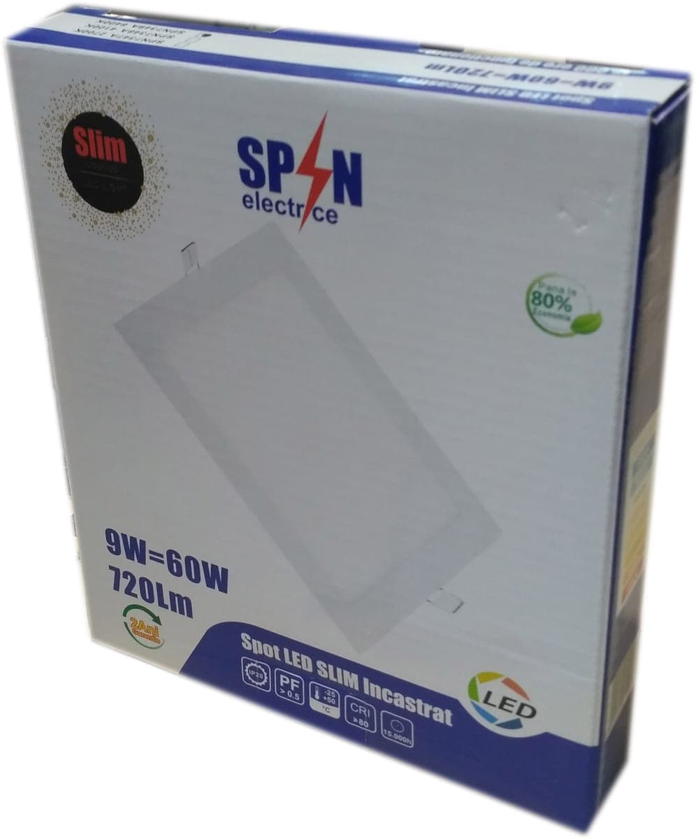 Spot Led Slim incastrat Patrat 150x150mm, 9W=60W, 2700K, lumina calda