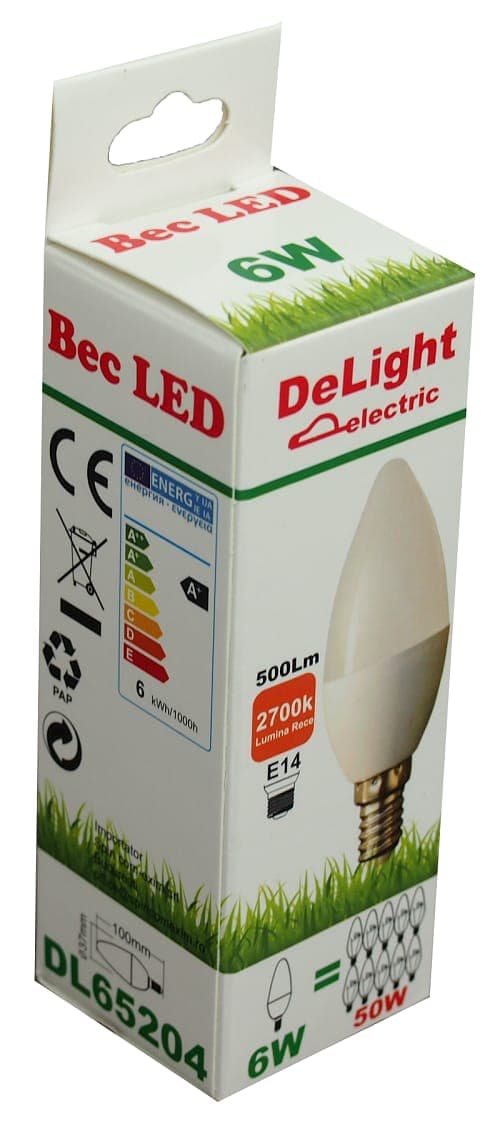 Bec Led Lumanare E14, model C37, 6W=50W, lumina calda
