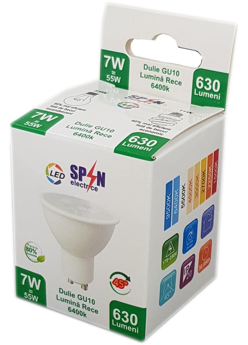 Bec Led Gu10, model R50, 7W=55W, lumina rece