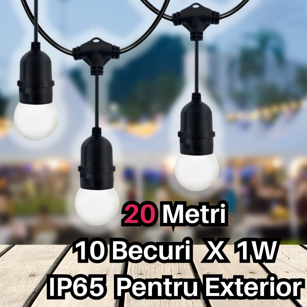 Pachet ghirlanda cu pendule 20m, E27, IP65 + 20 becuri LED 1W lumina rece