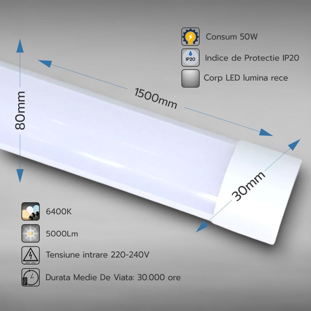 Corp Led Fida 50w lumina rece 6400K 1500mm