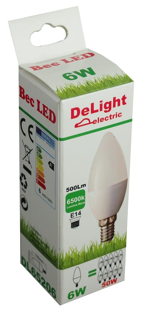 Bec Led Lumanare E14, model C37, 6W=50W, lumina rece