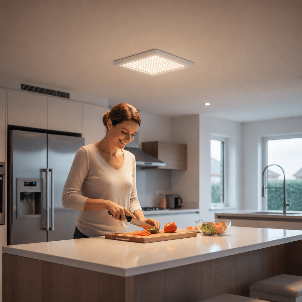 Iluminare modernă pentru bucătărie, cu spoturi elegante și funcționale.