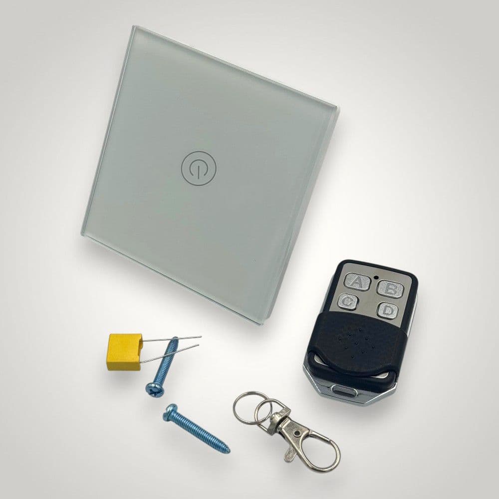 Intrerupator touch simplu + telecomanda RF, cu panou de sticla, alb