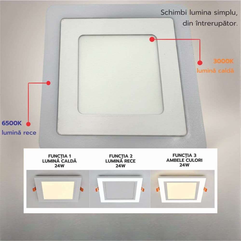 Spot LED Patrat Doua Culori 24+12W 3000k-6500k Trei Functii
